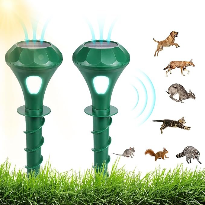 2 Pack Solar Cat Repellent for Gardens – Ultrasonic Animal Deterrent with PIR Motion Sensor & LED Lights for Cats, Foxes, Squirrels, Rats, Dogs & Birds