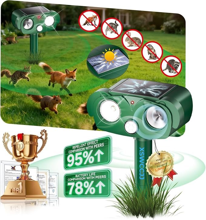 Cat Repellent for Gardens UK – Solar Ultrasonic Animal Deterrent with 15m Motion Detection & 6 Modes for Cats, Foxes & Other Unwanted Animals