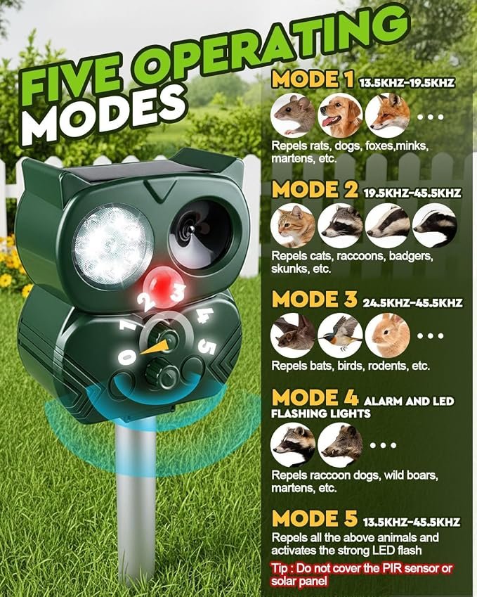 Ultrasonic Fox & Cat Deterrent for Gardens UK – 5-Mode Animal Repellent with USB & Solar Charging, IP65 Waterproof for Squirrels, Dogs, Cats, Foxes, Birds & Moles - Image 4